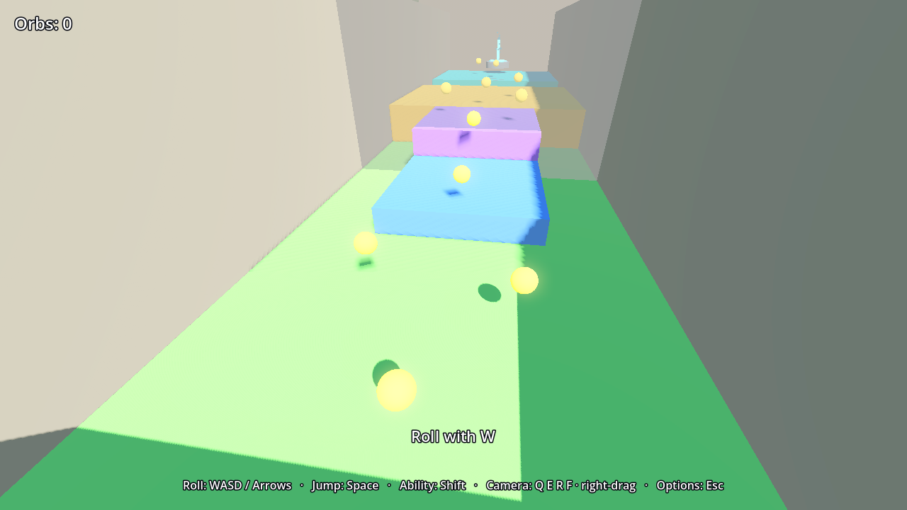 One of the 120 reference screenshots the build compares itself against every run. All of them were re-recorded this week, because halving the number of shadow passes moved every shadow edge in the game. It also shows the two bits of text that are on screen for the entire game — the orb counter and the control hint — which until this week ignored the text-size slider.